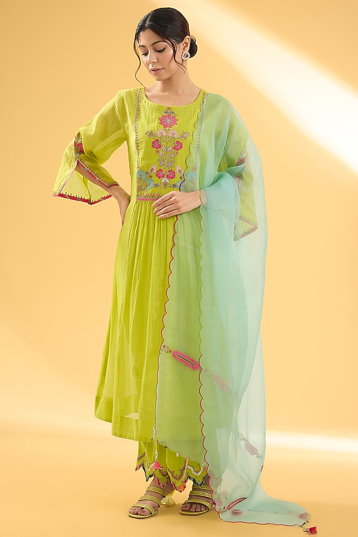 Bright Lime Chanderi Floral & Applique Embroidered Kurta Set by Raji ramniq at Pernia's Pop Up Shop