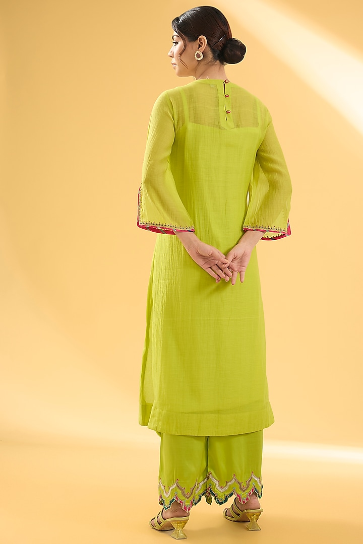 Bright Lime Chanderi Floral & Applique Embroidered Kurta Set by Raji ramniq at Pernia's Pop Up Shop