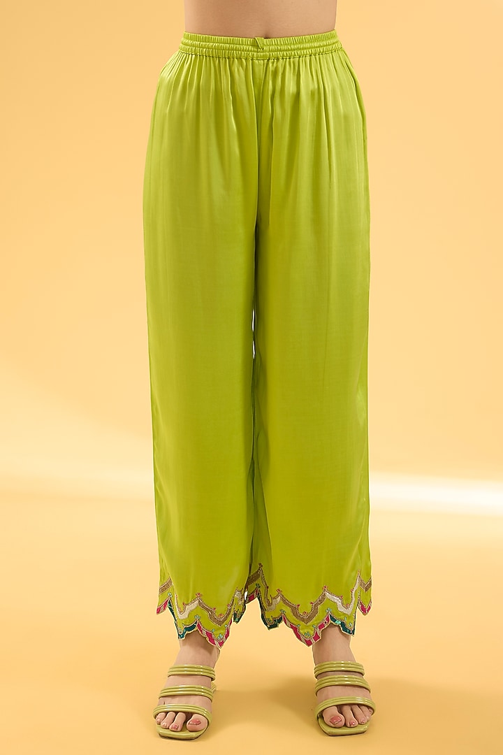 Bright Lime Chanderi Floral & Applique Embroidered Kurta Set by Raji ramniq at Pernia's Pop Up Shop