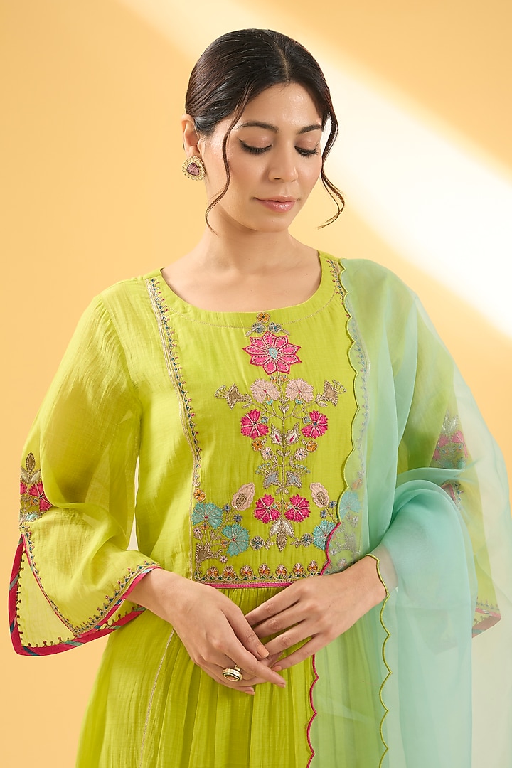 Bright Lime Chanderi Floral & Applique Embroidered Kurta Set by Raji ramniq at Pernia's Pop Up Shop