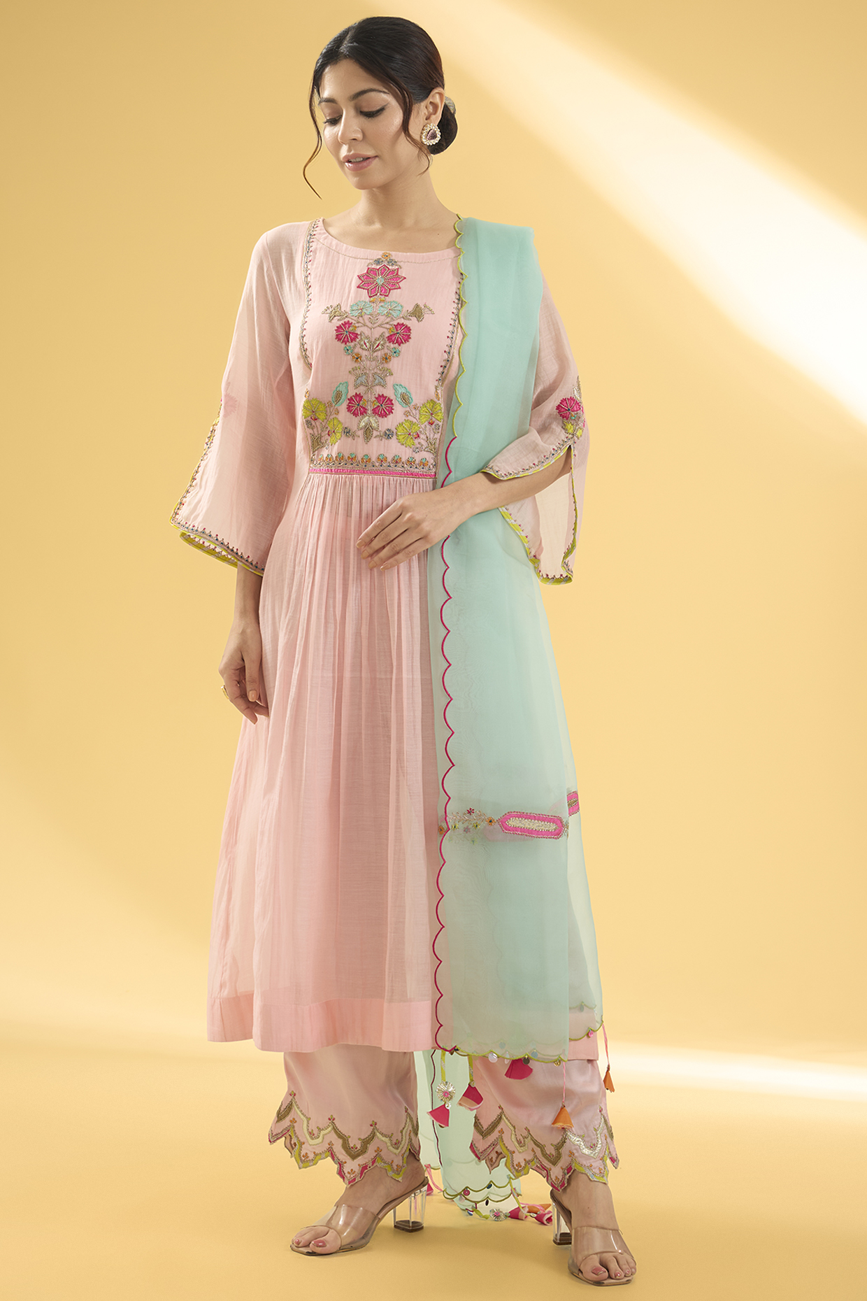 Nude Pink Chanderi Floral & Applique Embroidered Kurta Set by Raji ramniq at Pernia's Pop Up Shop