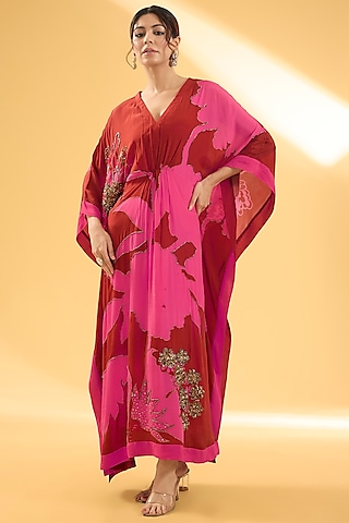 Red & Magenta Crepe Floral Motif Hand Embroidered Kaftan Dress by Raji ramniq