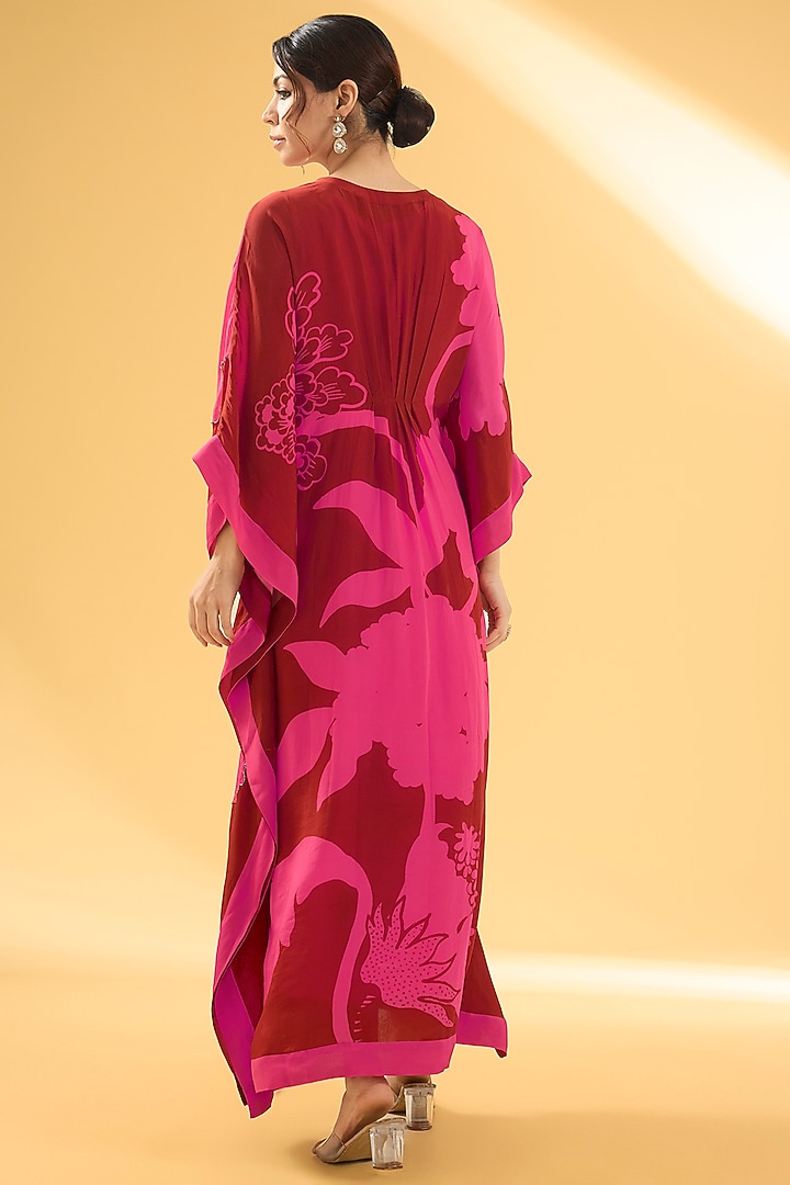 Red & Magenta Crepe Floral Motif Hand Embroidered Kaftan Dress by Raji ramniq at Pernia's Pop Up Shop