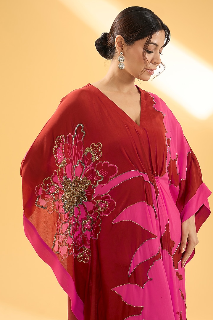 Red & Magenta Crepe Floral Motif Hand Embroidered Kaftan Dress by Raji ramniq at Pernia's Pop Up Shop