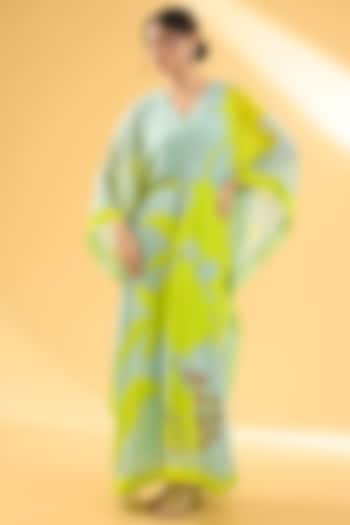 Powder Blue & Bright Green Crepe Floral Motif Hand Embroidered Kaftan Dress by Raji ramniq at Pernia's Pop Up Shop