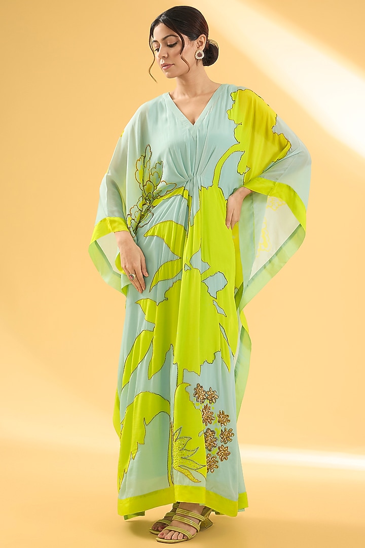 Powder Blue & Bright Green Crepe Floral Motif Hand Embroidered Kaftan Dress by Raji ramniq at Pernia's Pop Up Shop