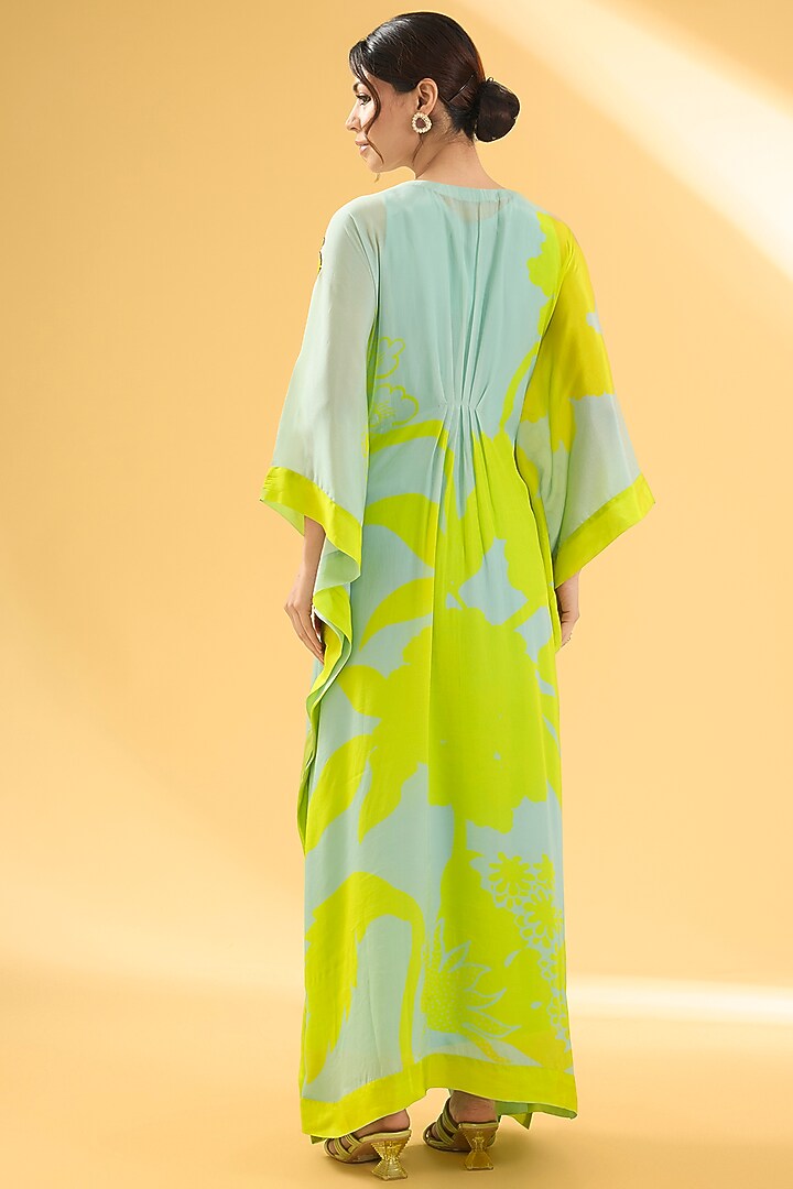Powder Blue & Bright Green Crepe Floral Motif Hand Embroidered Kaftan Dress by Raji ramniq at Pernia's Pop Up Shop