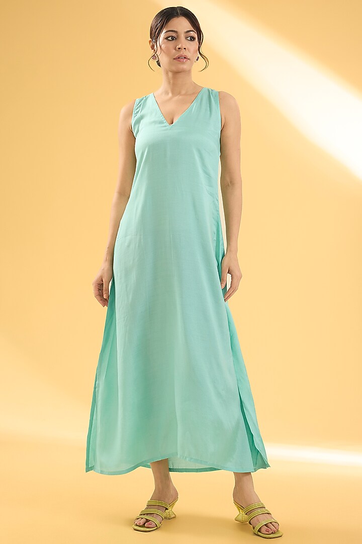 Powder Blue & Bright Green Crepe Floral Motif Hand Embroidered Kaftan Dress by Raji ramniq at Pernia's Pop Up Shop