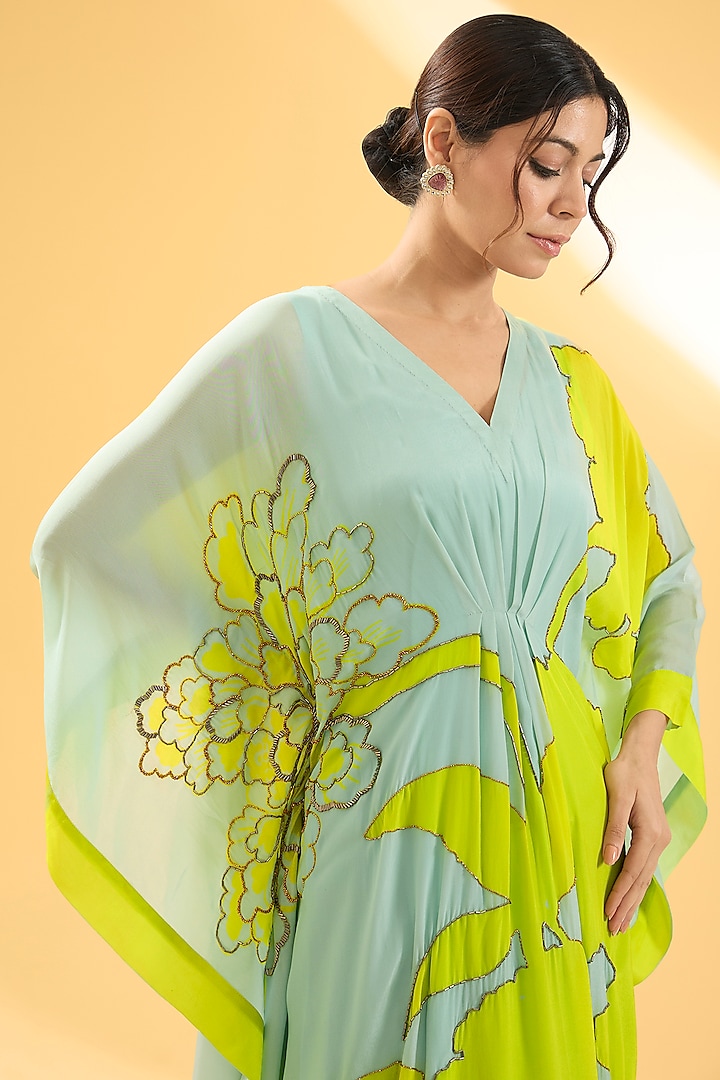 Powder Blue & Bright Green Crepe Floral Motif Hand Embroidered Kaftan Dress by Raji ramniq at Pernia's Pop Up Shop