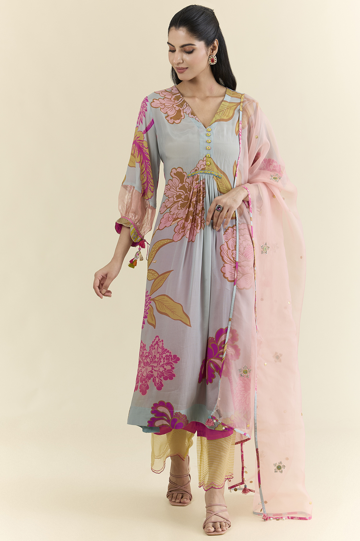 Multi-Colored Chanderi & Modal Satin Printed Kurta Set by Raji ramniq at Pernia's Pop Up Shop