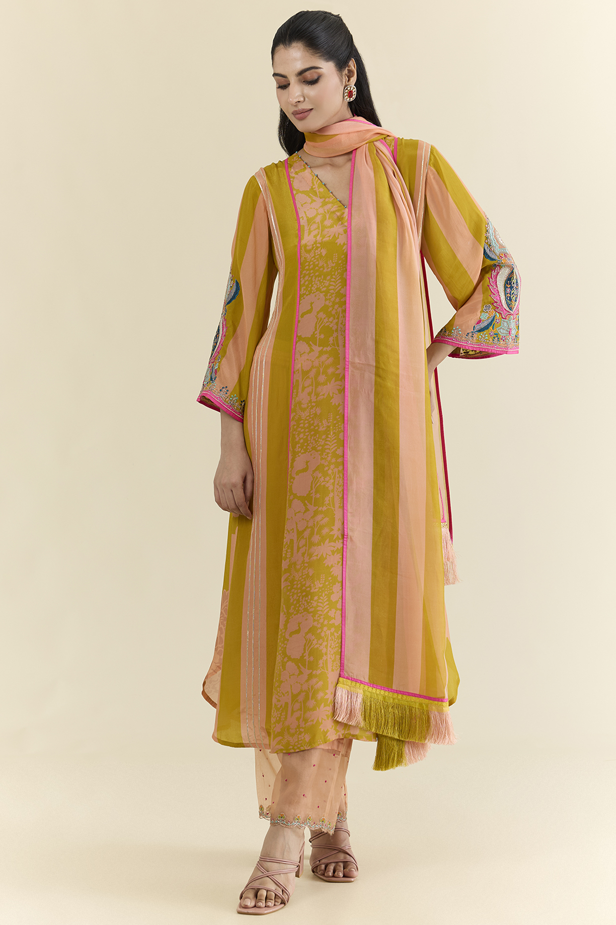 Yellow Chanderi & Modal Satin Printed Kurta Set by Raji ramniq at Pernia's Pop Up Shop