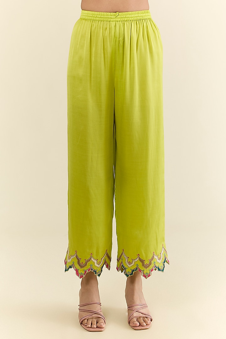 Green Chanderi & Modal Satin Hand Embroidered Kurta Set by Raji ramniq at Pernia's Pop Up Shop