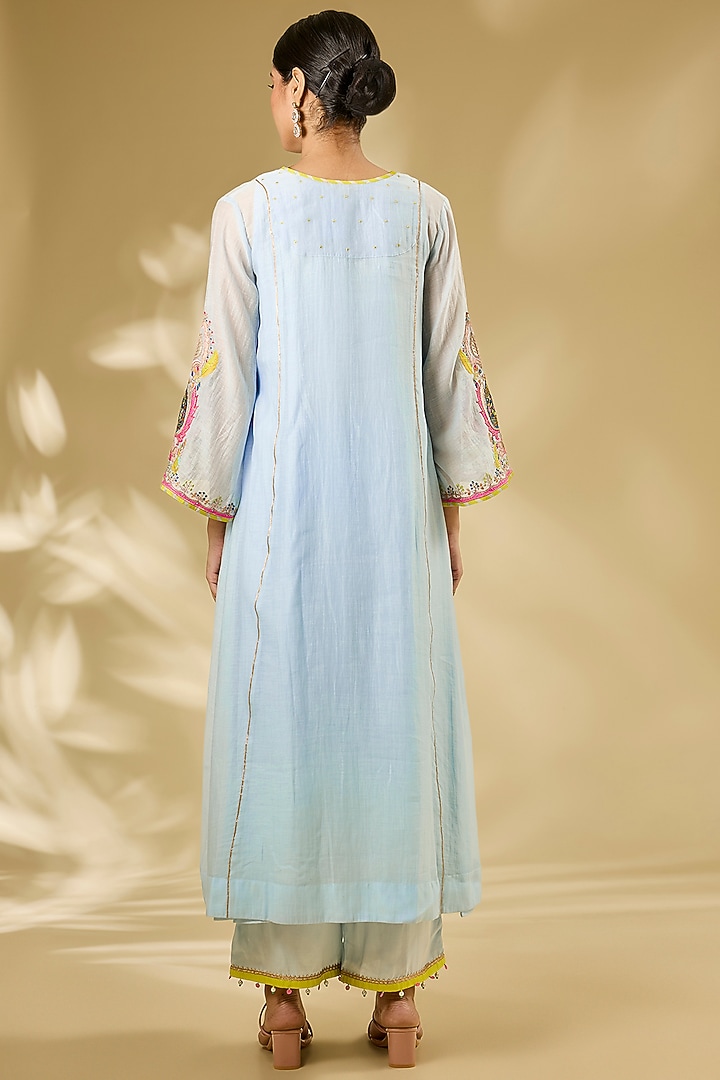 Blue Chanderi Hand & Machine Embroidered Kurta Set by Raji ramniq at Pernia's Pop Up Shop