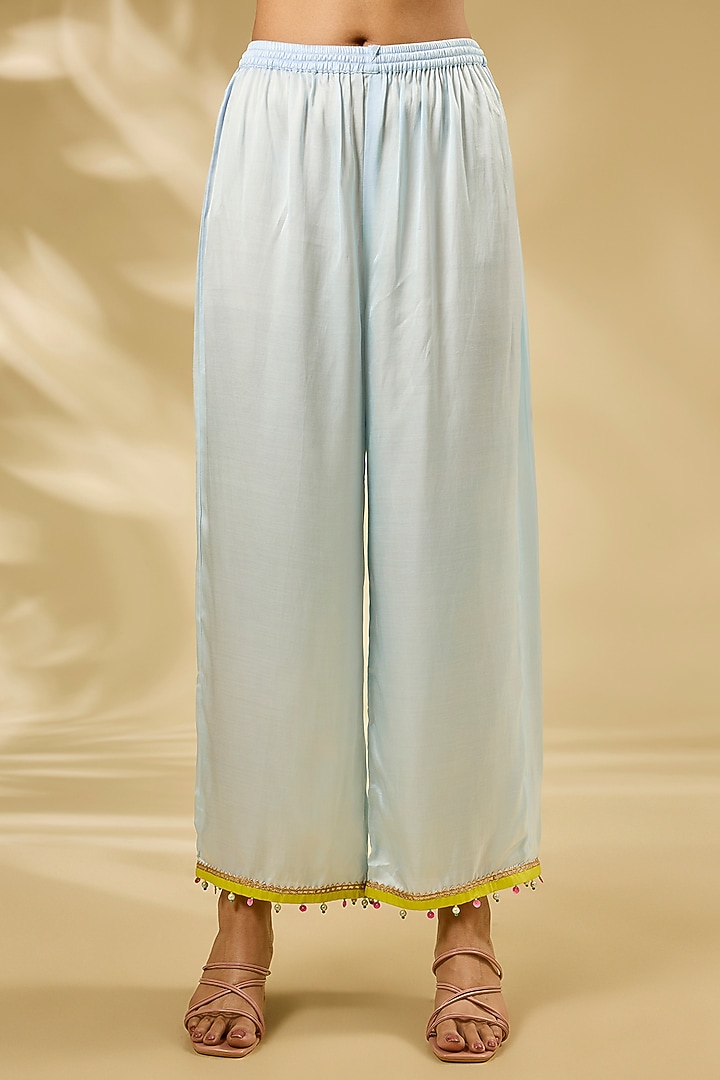 Blue Chanderi Hand & Machine Embroidered Kurta Set by Raji ramniq at Pernia's Pop Up Shop