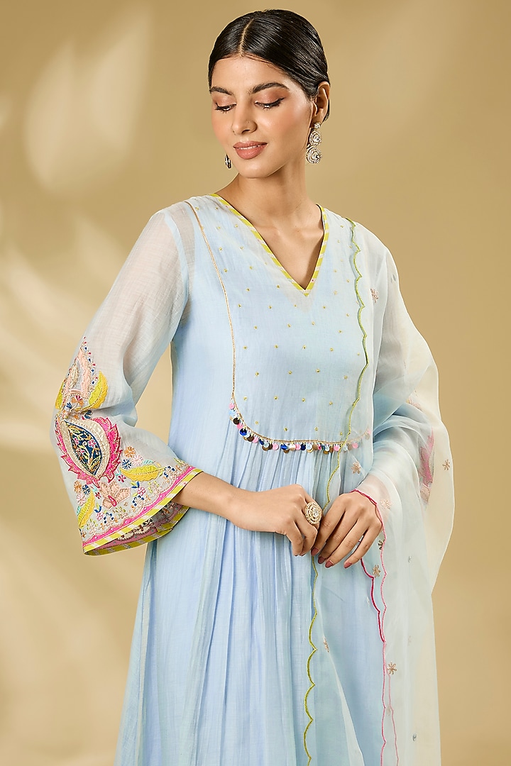 Blue Chanderi Hand & Machine Embroidered Kurta Set by Raji ramniq at Pernia's Pop Up Shop