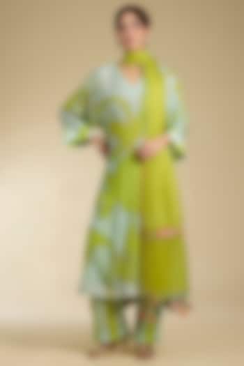 Powder Blue & Lime Green Crepe Hand Embroidered Kurta Set by Raji Ramniq at Pernia's Pop Up Shop