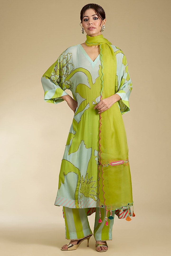 Powder Blue & Lime Green Crepe Hand Embroidered Kurta Set by Raji Ramniq at Pernia's Pop Up Shop