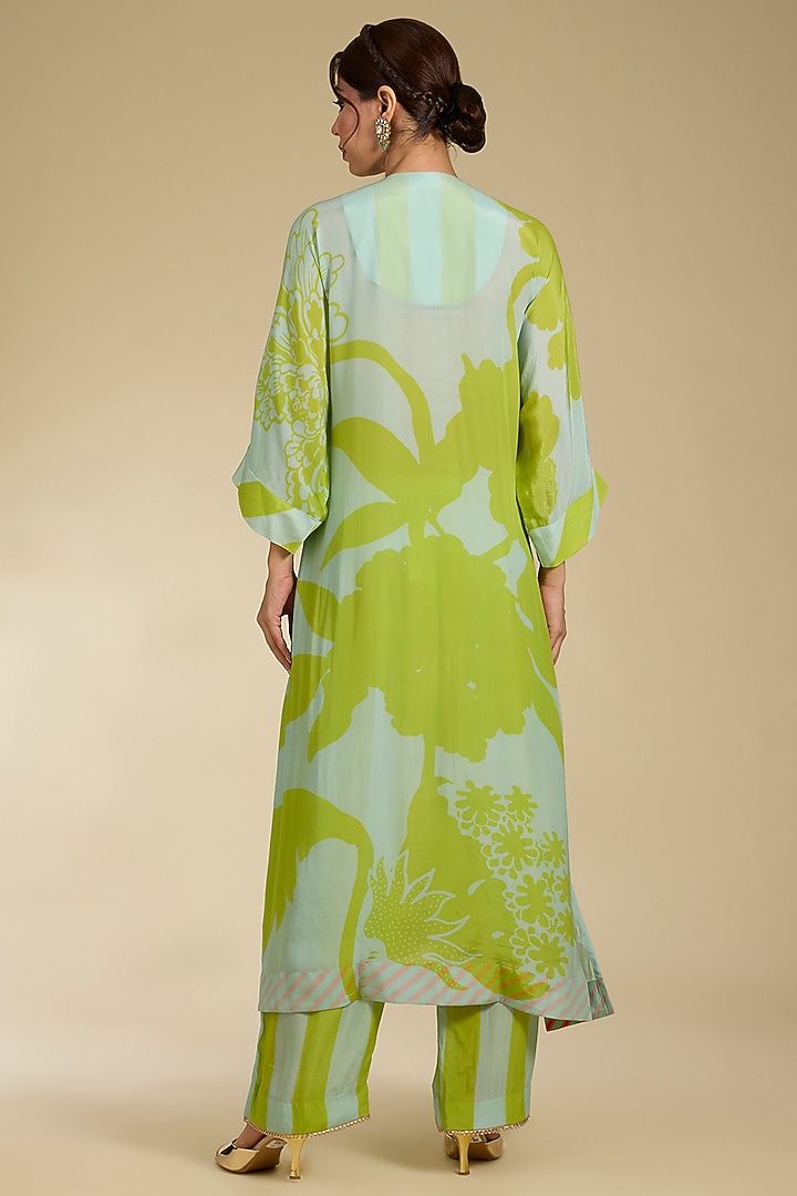 Powder Blue & Lime Green Crepe Hand Embroidered Kurta Set by Raji Ramniq at Pernia's Pop Up Shop