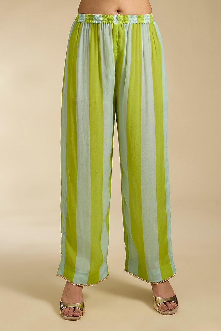 Powder Blue & Lime Green Crepe Hand Embroidered Kurta Set by Raji Ramniq at Pernia's Pop Up Shop