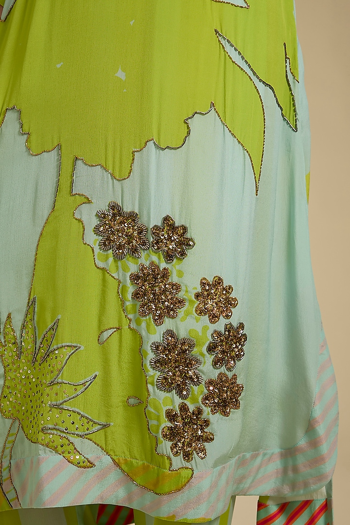 Powder Blue & Lime Green Crepe Hand Embroidered Kurta Set by Raji Ramniq at Pernia's Pop Up Shop
