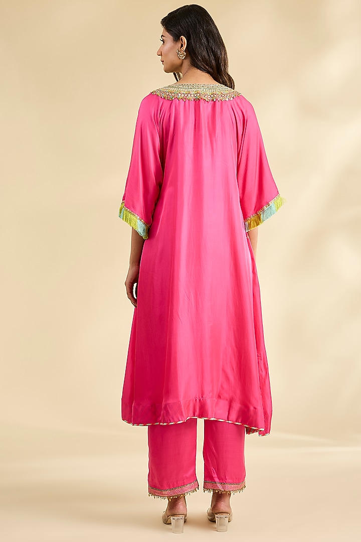 Pink Twill Silk & Modal Satin Embellished Kaftan Kurta Set by Raji ramniq at Pernia's Pop Up Shop