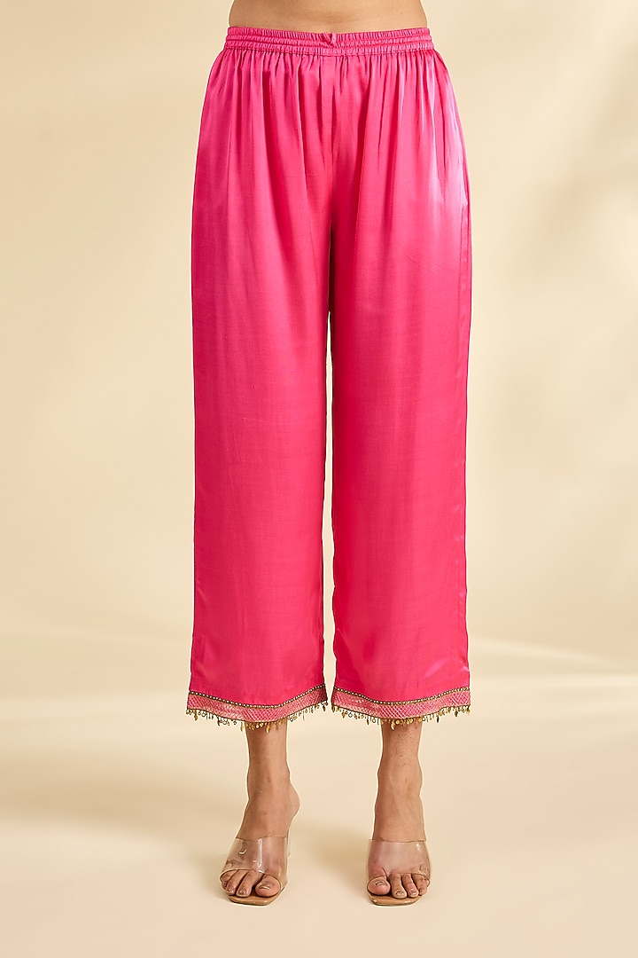 Pink Twill Silk & Modal Satin Embellished Kaftan Kurta Set by Raji ramniq at Pernia's Pop Up Shop