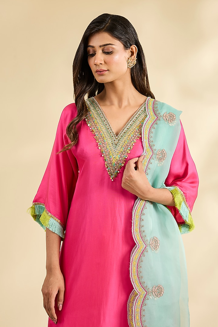 Pink Twill Silk & Modal Satin Embellished Kaftan Kurta Set by Raji ramniq at Pernia's Pop Up Shop
