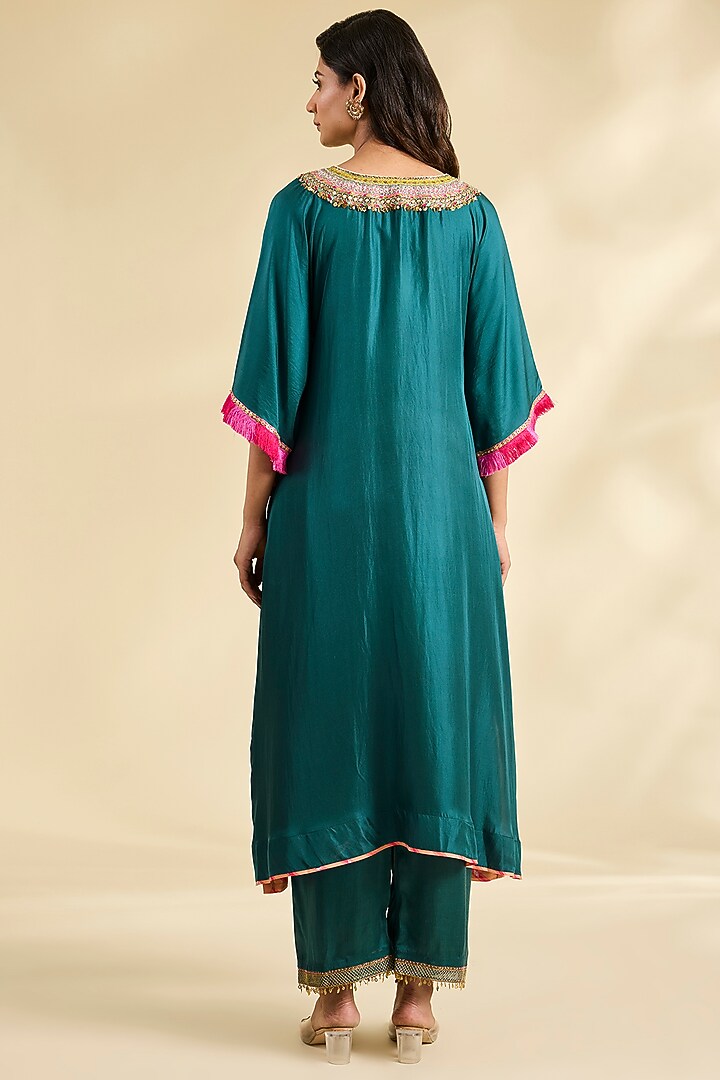 Green Twill Silk & Modal Satin Embellished Kaftan Kurta Set by Raji ramniq at Pernia's Pop Up Shop