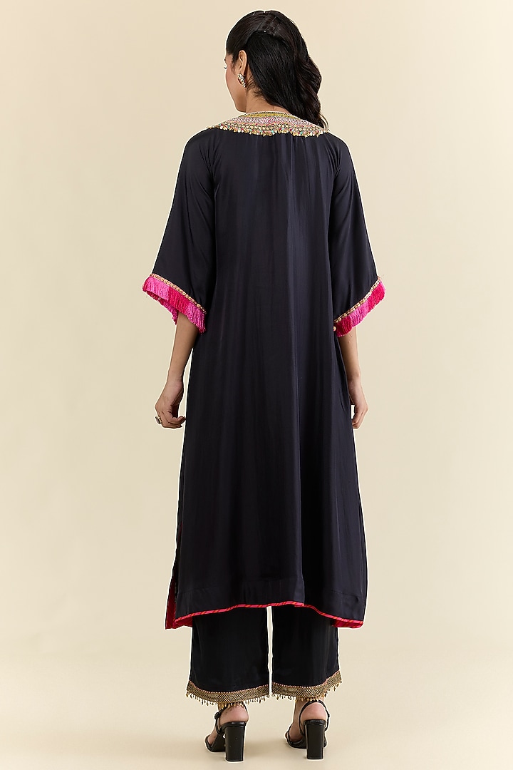 Black Silk Twill & Modal Satin Hand Embroidered Kurta Set by Raji ramniq at Pernia's Pop Up Shop