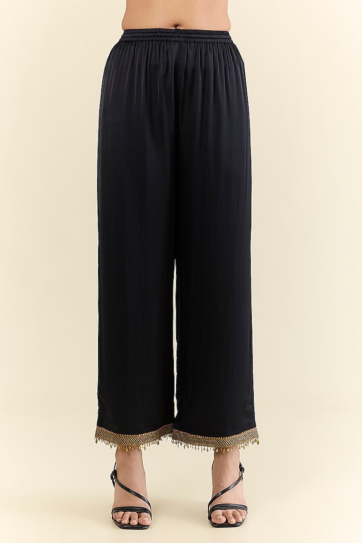 Black Silk Twill & Modal Satin Hand Embroidered Kurta Set by Raji ramniq at Pernia's Pop Up Shop