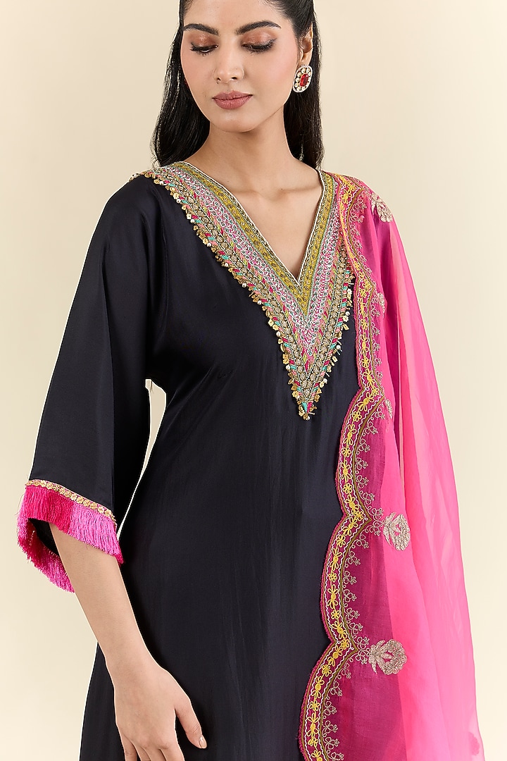 Black Silk Twill & Modal Satin Hand Embroidered Kurta Set by Raji ramniq at Pernia's Pop Up Shop