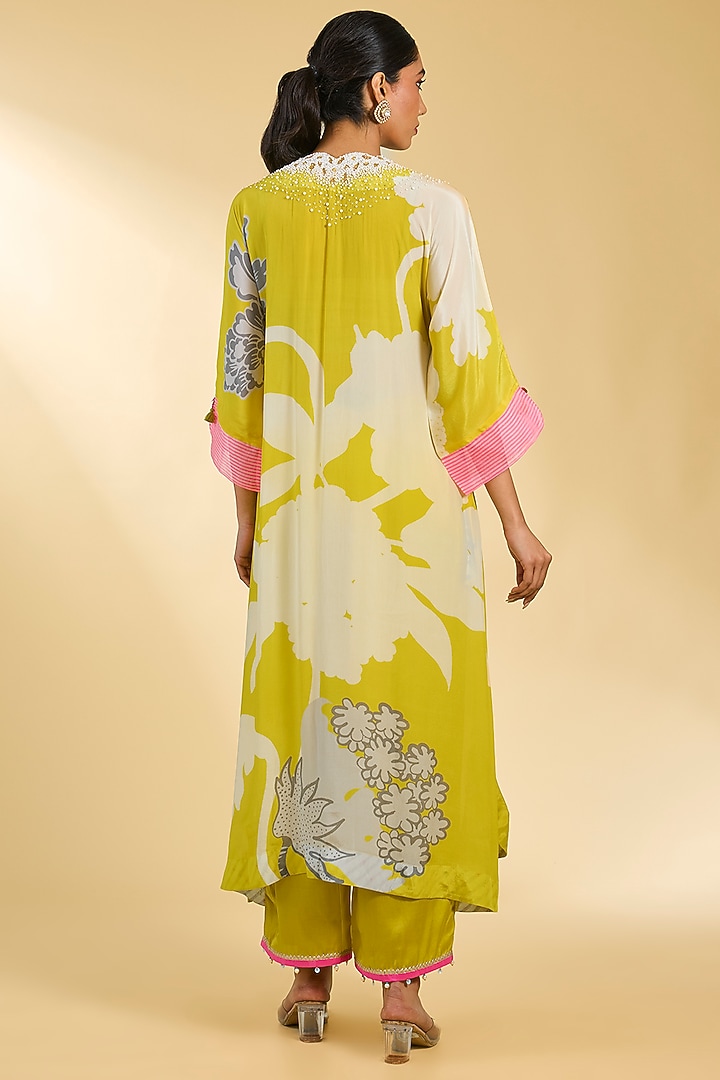 Yellow Crepe Printed & Embroidered Kurta Set by Raji Ramniq at Pernia's Pop Up Shop