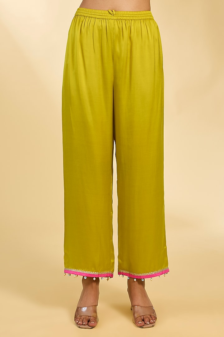 Yellow Crepe Printed & Embroidered Kurta Set by Raji Ramniq at Pernia's Pop Up Shop