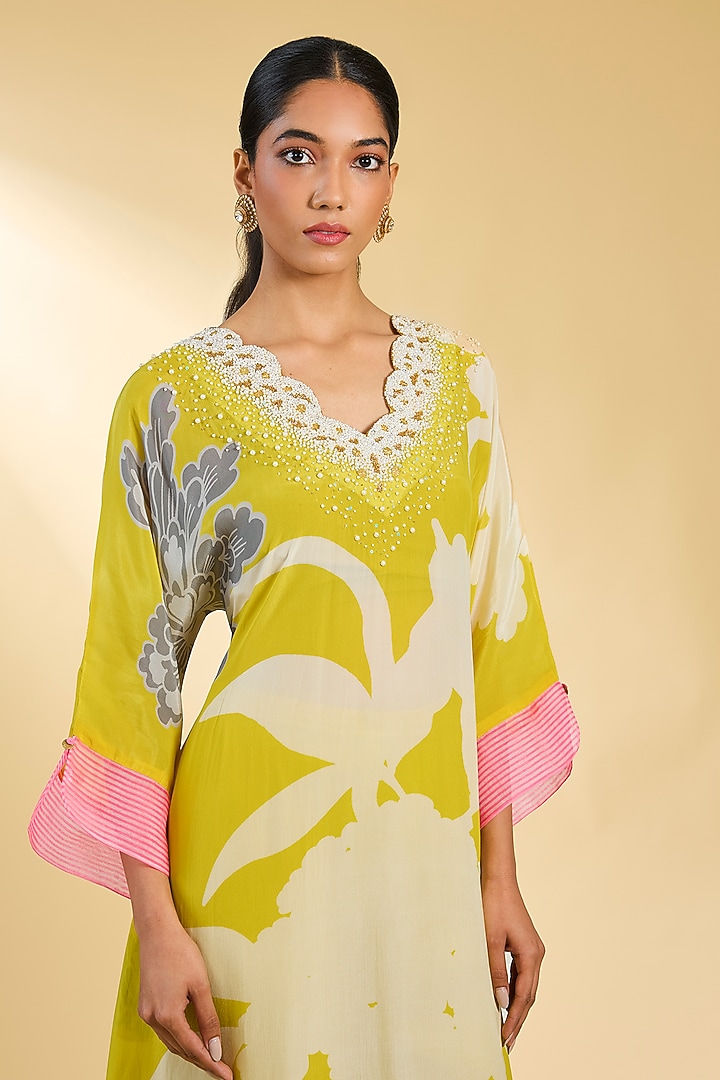 Yellow Crepe Printed & Embroidered Kurta Set by Raji Ramniq at Pernia's Pop Up Shop