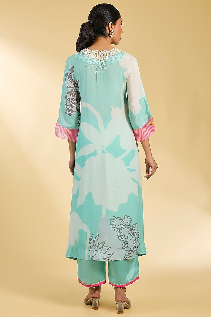 Powder Blue Crepe Printed & Embroidered Kurta Set by Raji Ramniq at Pernia's Pop Up Shop