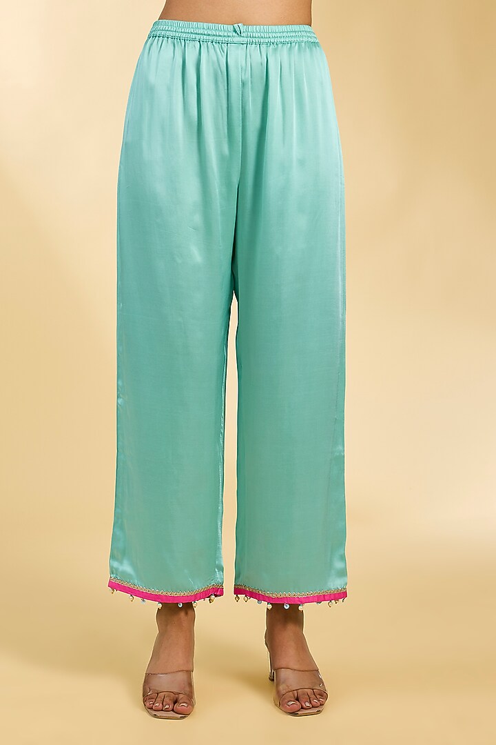 Powder Blue Crepe Printed & Embroidered Kurta Set by Raji Ramniq at Pernia's Pop Up Shop