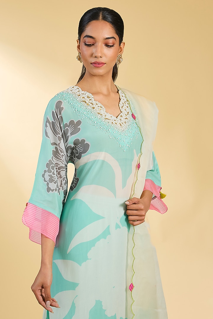 Powder Blue Crepe Printed & Embroidered Kurta Set by Raji Ramniq at Pernia's Pop Up Shop