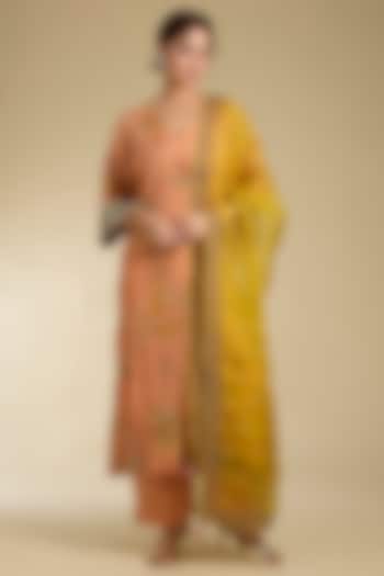 Peach Crepe Hand Embroidered & Printed Kurta Set by Raji Ramniq at Pernia's Pop Up Shop