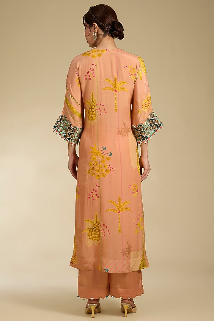 Peach Crepe Hand Embroidered & Printed Kurta Set by Raji Ramniq at Pernia's Pop Up Shop
