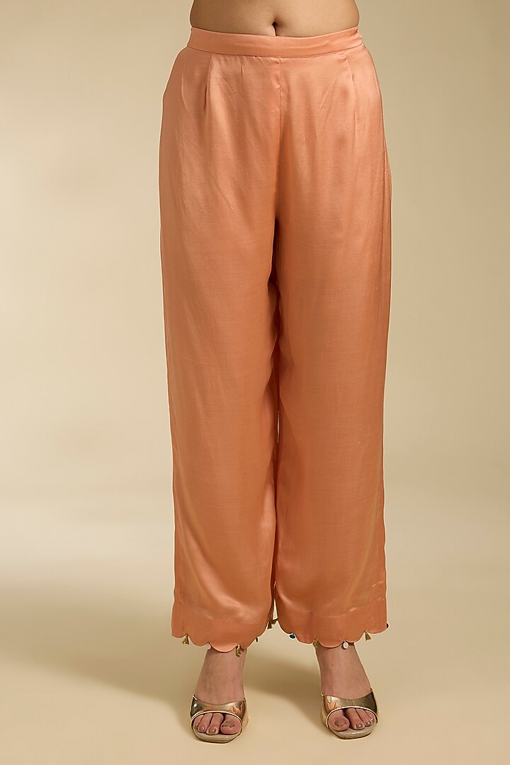 Peach Crepe Hand Embroidered & Printed Kurta Set by Raji Ramniq at Pernia's Pop Up Shop