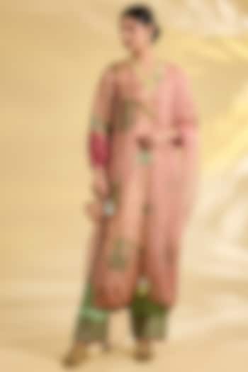 Pink Tissue Silk Floral Printed & Embroidered Kurta Set by Raji Ramniq at Pernia's Pop Up Shop