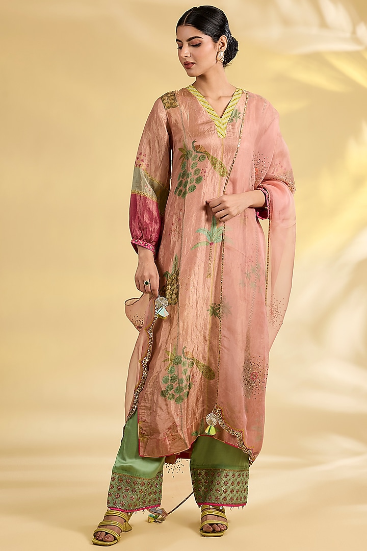 Pink Tissue Silk Floral Printed & Embroidered Kurta Set by Raji Ramniq at Pernia's Pop Up Shop