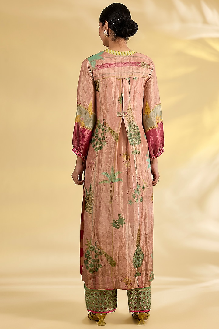 Pink Tissue Silk Floral Printed & Embroidered Kurta Set by Raji Ramniq at Pernia's Pop Up Shop