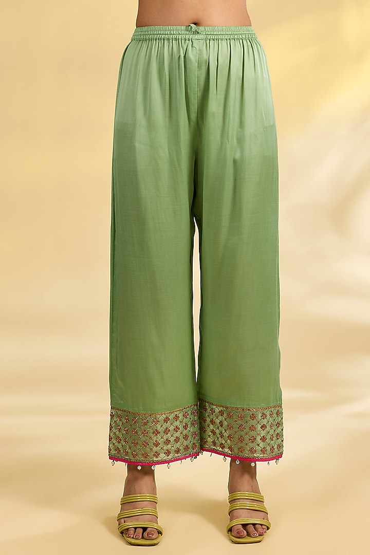 Pink Tissue Silk Floral Printed & Embroidered Kurta Set by Raji Ramniq at Pernia's Pop Up Shop