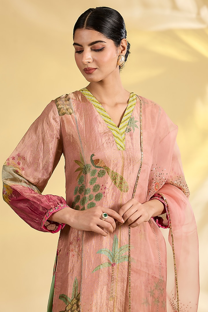 Pink Tissue Silk Floral Printed & Embroidered Kurta Set by Raji Ramniq at Pernia's Pop Up Shop