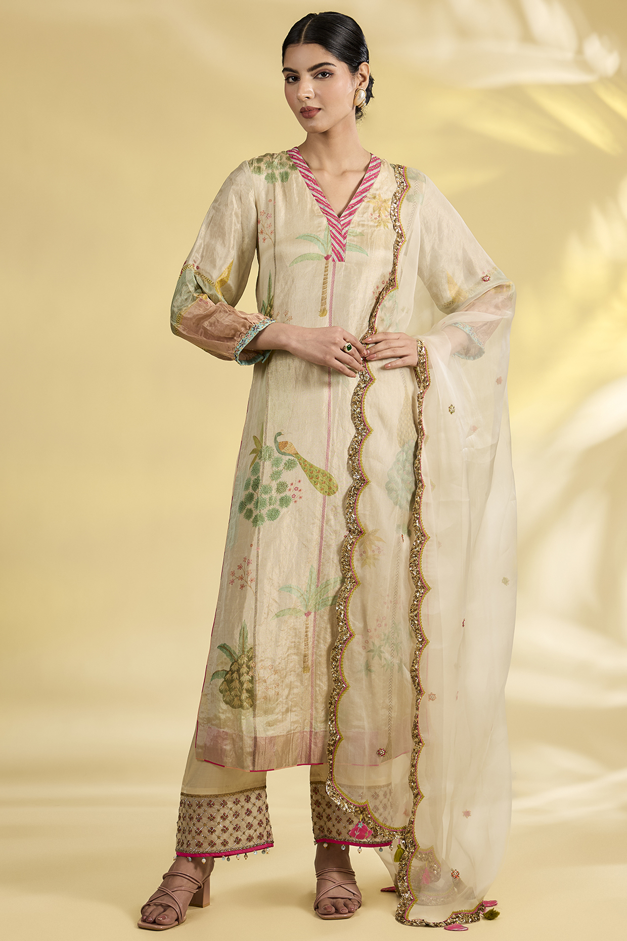 Ivory Tissue Silk Floral Printed & Embroidered Kurta Set by Raji Ramniq at Pernia's Pop Up Shop