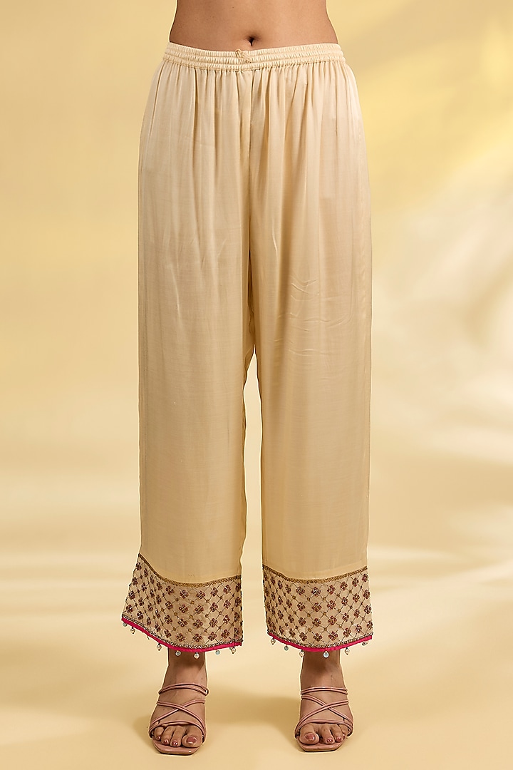 Ivory Tissue Silk Floral Printed & Embroidered Kurta Set by Raji Ramniq at Pernia's Pop Up Shop