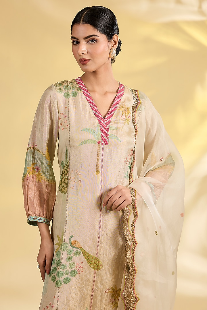 Ivory Tissue Silk Floral Printed & Embroidered Kurta Set by Raji Ramniq at Pernia's Pop Up Shop