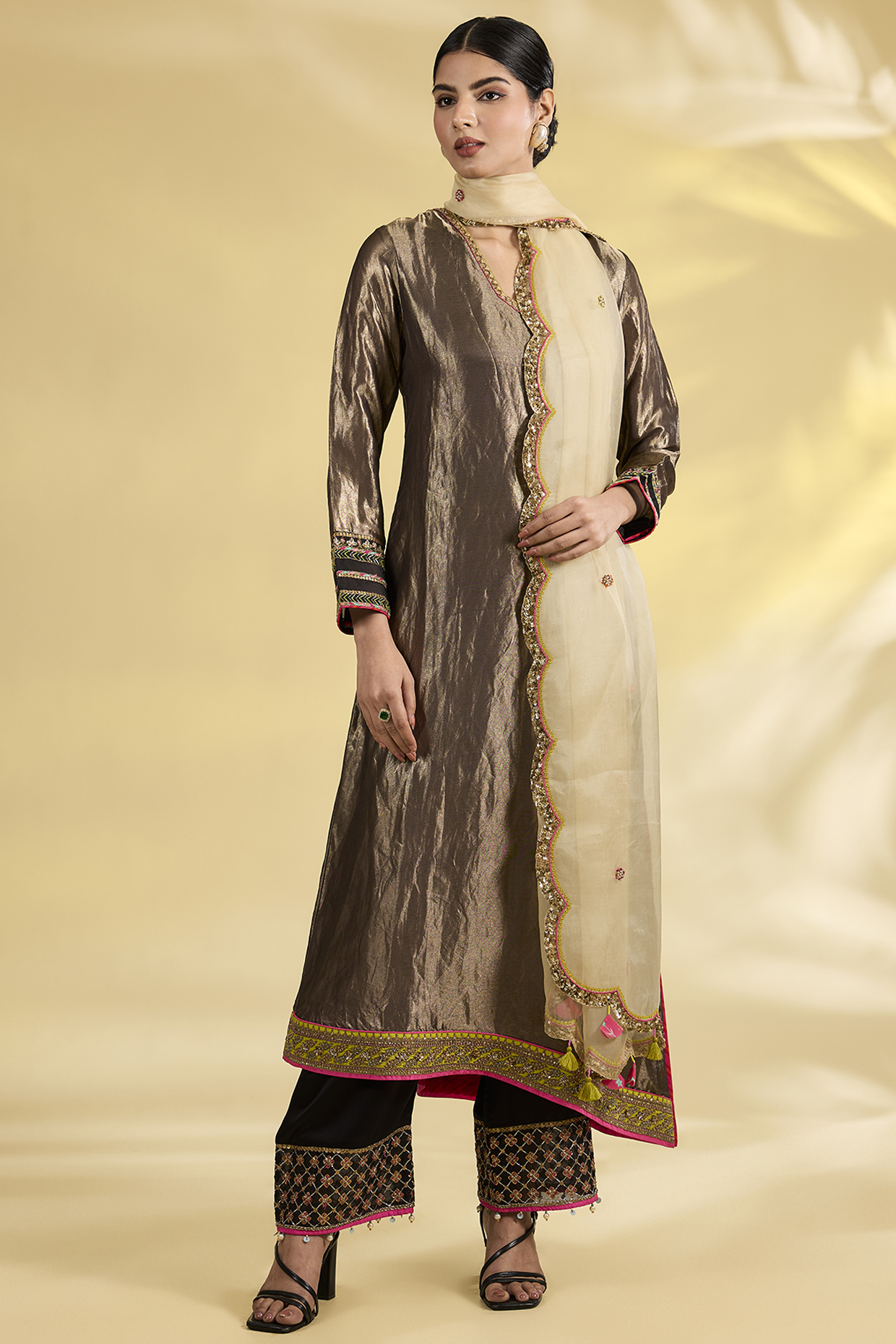 Black Tissue Silk Hand Embroidered Asymmetric Kurta Set by Raji Ramniq at Pernia's Pop Up Shop