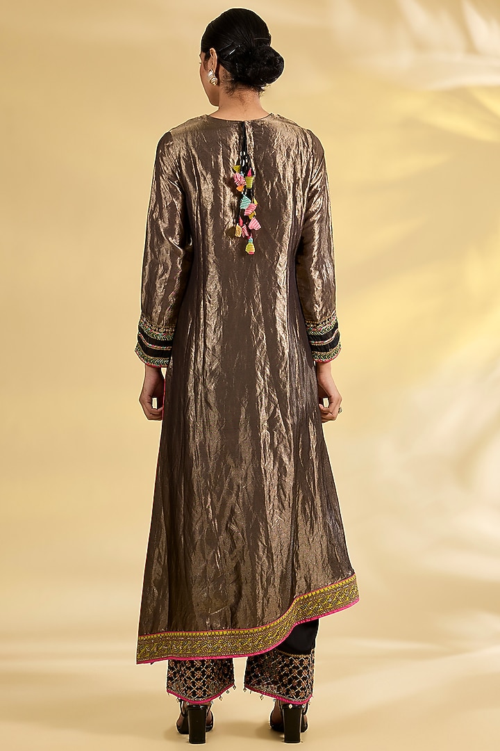 Black Tissue Silk Hand Embroidered Asymmetric Kurta Set by Raji Ramniq at Pernia's Pop Up Shop
